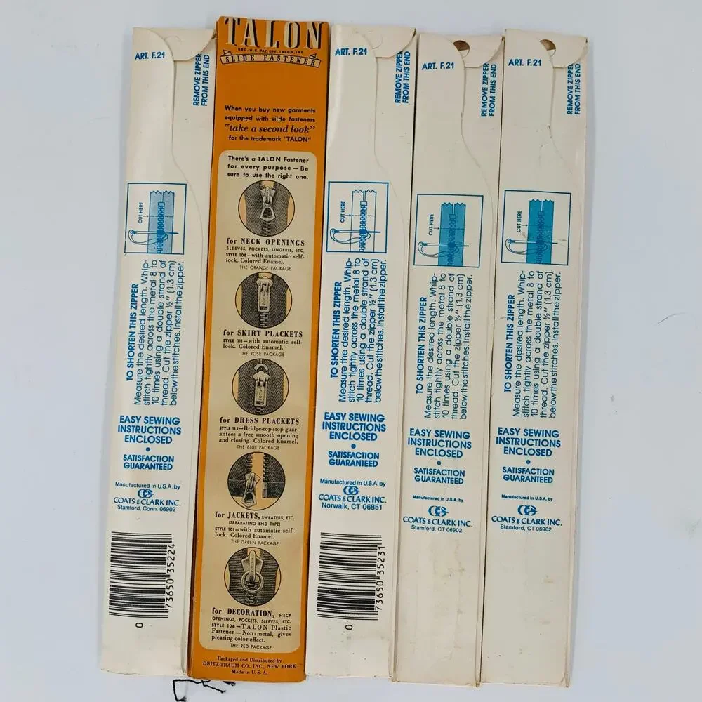 JP Coats 9 inch Zippers Polyester Metal Multicolor Lot 5 Zippers All Purpose USA